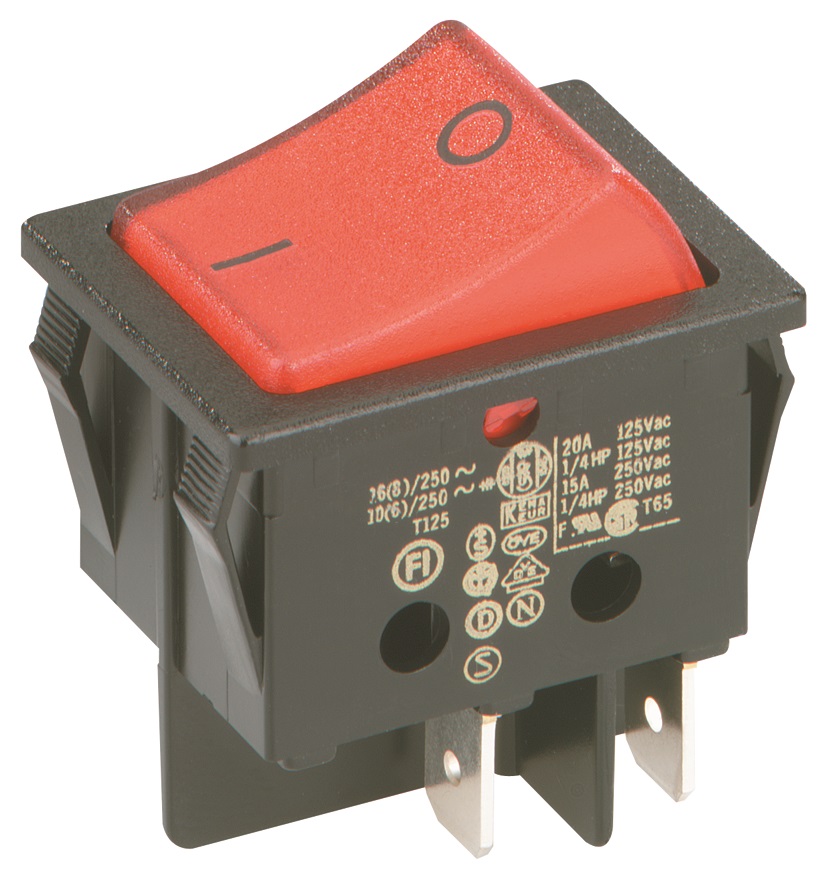 Wipschakelaar 2P – 16(8)A, 250V zwart met rode knop belicht